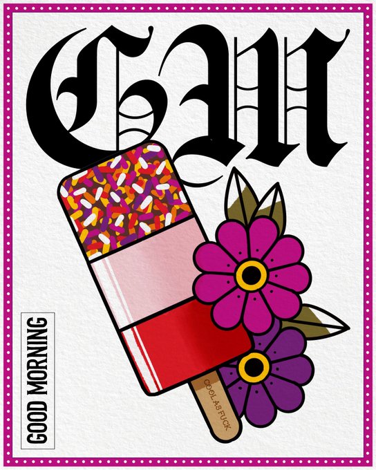 A colorful illustration displays the word 'EAT' in Gothic blackletter font above a popsicle, with 'GOOD MORNING' text on the left side.