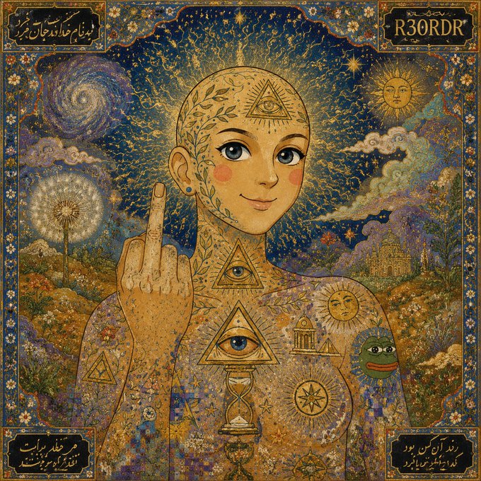 A mystical illustration in the style of Persian miniature painting, depicting a figure with an all-seeing eye on their forehead, surrounded by cosmic and esoteric imagery including galaxies, sun motifs, and an hourglass, with the text 'R30RDR' in the corner.