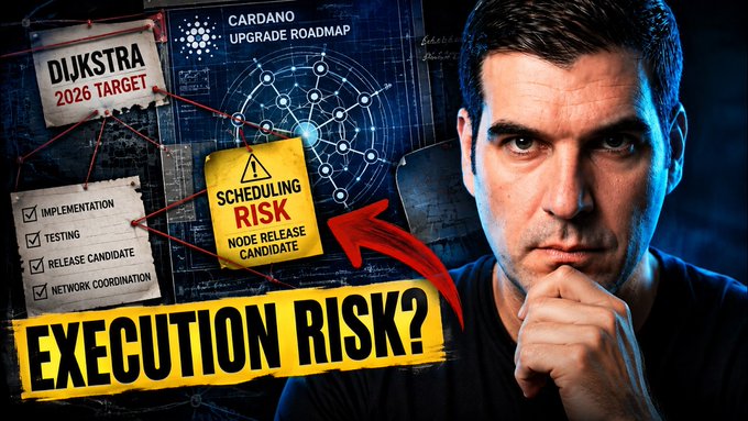 A YouTube thumbnail titled 'EXECUTION RISK?' featuring a man looking serious, alongside notes about 'CARDANO UPGRADE ROADMAP' and 'SCHEDULING RISK NODE RELEASE CANDIDATE' with checkmarks for implementation, testing, release candidate, and network coordination.