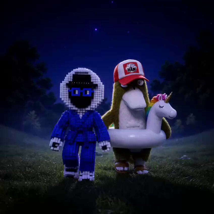 The image features a scene with two cartoon characters - one wearing glasses and holding an inflatable unicorn, while another character without glasses holds a stuffed animal. The background of the image shows a dark night sky filled with stars, creating a sense of mystery and wonder. The caption at the bottom of the image reads "CLAWDSPIRACY BNKR v7.1.0 is flying: Wire and Gallery now load in ~1s (used to take 18s) → massively smoother UX. Standardized error codes (E1001, E4001, etc.) so you can build automatic retries and clean error handling."