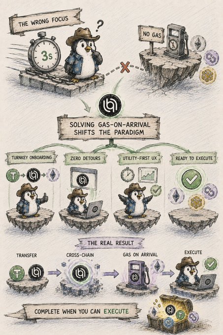 An illustrated infographic about crypto wallets featuring penguins, with text including 'THE WRONG FOCUS', 'SOLVING GAS-ON-ARRIVAL SHIFTS THE PARADIGM', 'NO GAS', 'TURNKEY ONBOARDING', 'ZERO DETOURS', 'UTILITY-FIRST UX', and 'READY TO EXECUTE'.