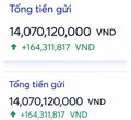 A financial tracking display showing 'Tổng tiền gửi' (Total deposits) of 14,070,120,000 VND, equal to +164,311.817 VND.
