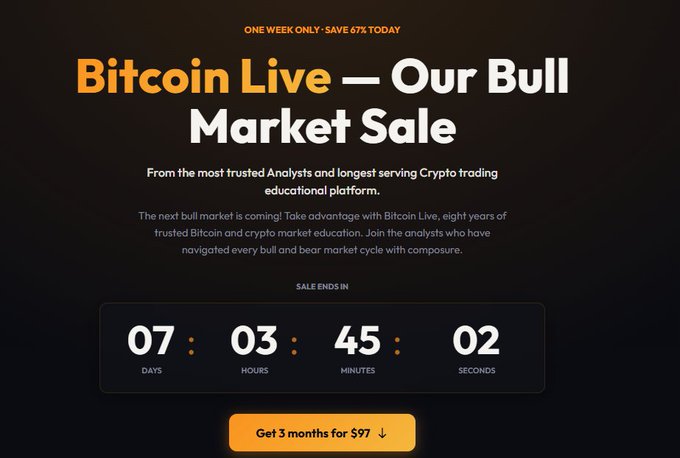 A promotional banner for "Bitcoin Live — Our Bull Market Sale" advertising a discounted 3-month subscription for $97 (67% off), with a countdown timer showing 7 days, 3 hours, 45 minutes, and 2 seconds remaining. The image aligns with the post by promoting the limited-time deal and 7-day deadline for the Bitcoin Live subscription offer.