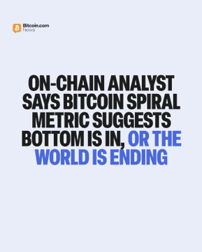 The image features a Bitcoin.com News graphic on a light blue background, displaying bold text that reads: "ON-CHAIN ANALYST SAYS BITCOIN SPIRAL METRIC SUGGESTS BOTTOM IS IN, OR THE WORLD IS ENDING," highlighting a dramatic market outlook from analyst @therationalroot regarding Bitcoin's spiral metric.