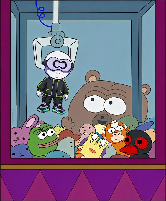 Cartoon artwork depicting a small character in a VR headset and jacket being held by a mechanical claw above a claw machine filled with plush toys including a frog, bear, and cat.