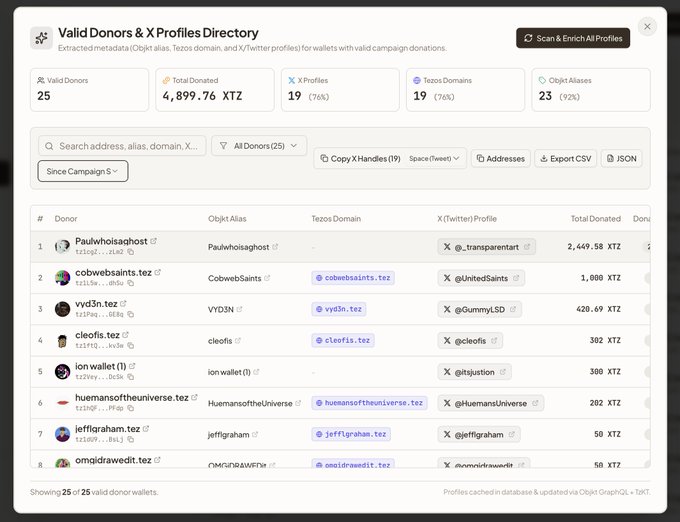 A screenshot of a “Valid Donors & X Profiles Directory” dashboard shows 25 valid donors, 4,899.76 XTZ donated, 19 X profiles, 19 Tezos domains, and 23 Objekt aliases; visible names include Paulwhoisaghost, CobwebSaints, yvD3n, clefis, ion wallet, Huemansoftheuniverse, jeff1graham, and omgjdrawewit.