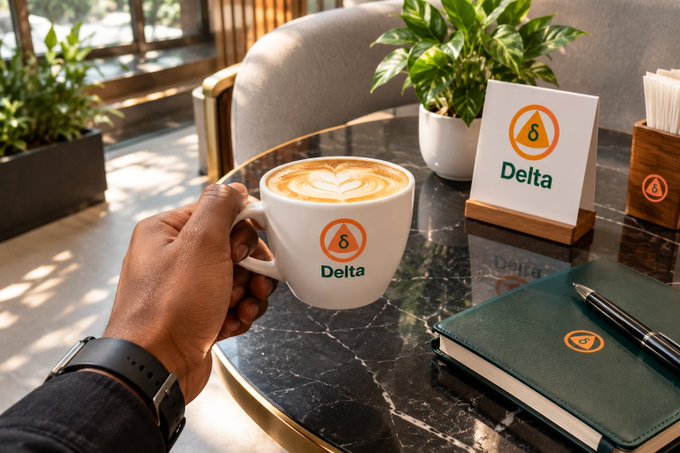 A hand holds a white coffee cup with latte art on a marble cafe table; the cup features an orange logo and the word 'Delta', matching a small 'Delta' sign and a green notebook nearby.
