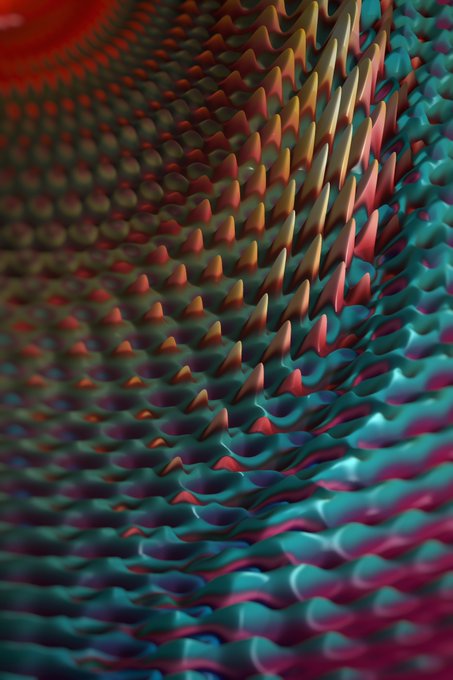 A colorful 3D abstract rendering of a textured surface with a wave-like pattern of teal, pink, and red hues.