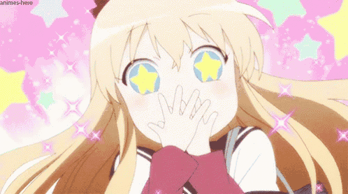 An anime girl with star-shaped eyes and blushing cheeks covers her mouth in excitement, surrounded by a sparkly pink and pastel background. The image captures the universal feeling of pure joy and astonishment, perfectly matching the post's celebratory sentiment of "X bros winning" across various crypto communities.