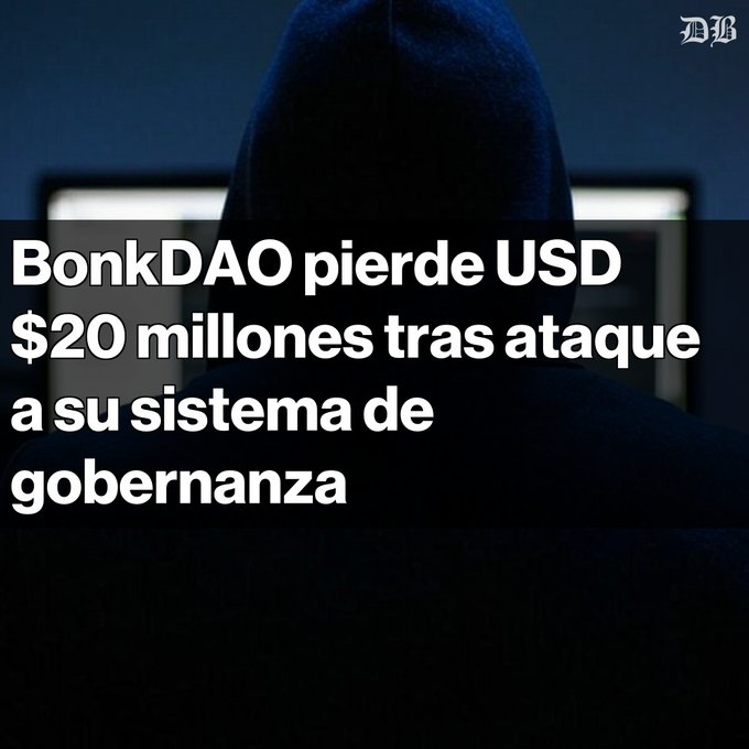 A hooded figure silhouetted against a laptop screen with Spanish headline text reading 'BonkDAO pierde USD $20 millones tras ataque a su sistema de gobernanza'.