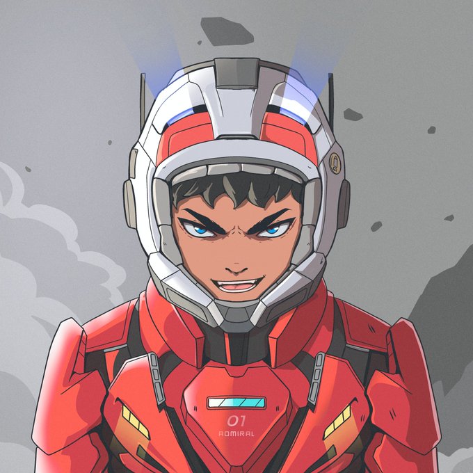 An anime-style character wearing a red and white futuristic pilot helmet and mech suit with '01 ADMIRAL' printed on the chest.