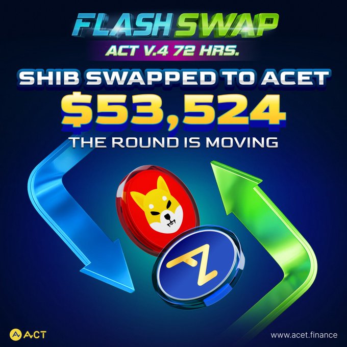 The image features a vibrant advertisement for an event related to cryptocurrency called "Flash SWAP ACT V.4 72 HRS." The central focus of this advertisement is an action figure named Shiba, which is used to represent the currency involved in the swap. The text accompanying the image mentions that the round has ended and asks if anyone would like to consider joining a new community based on their interest in cryptocurrency or participating in the "Flash SWAP ACT V.4 72 HRS." The advertisement highlights the momentum of the SHIB community, emphasizing their support for the event and the cryptocurrency it represents.