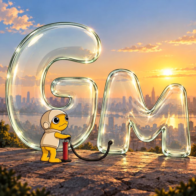 A 3D-rendered scene of a small character inflating giant glass balloon letters spelling 'GM' (Good Morning) with a red pump, set against a sunset cityscape.
