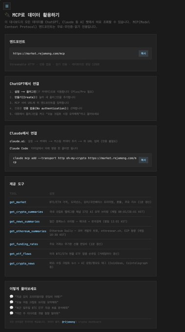 A Korean-language webpage showing setup instructions for connecting an MCP (Model Context Protocol) to ChatGPT and Claude, featuring a "render URL" link (https://market.rajamong.com/mcp) and a list of API endpoints like `get_market`, `get_crypto_summaries`, and `get_ethereum_summaries` for retrieving cryptocurrency market data. The image directly supports the post by providing the technical details needed to connect the market dashboard to AI assistants.