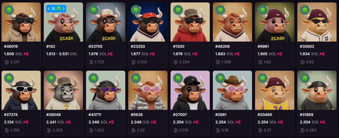 A grid of 14 NFT profiles featuring cartoon bulls wearing various accessories, each displaying a unique ID number, a price in SOL, and an ML (Meta Lander) stat.