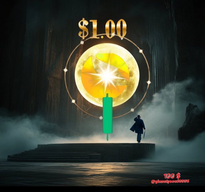 A figure stands before a glowing moon with a green candlestick chart superimposed, with text reading '$1.00', '100 $', and '@ghinaiyeeon0000'.
