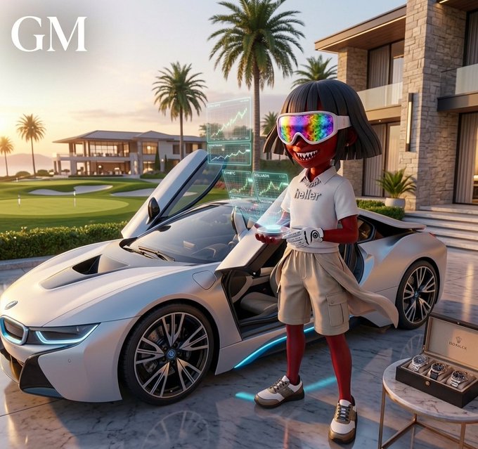 A stylized character with rainbow sunglasses standing beside a silver sports car with 'GM' text in the upper left corner.