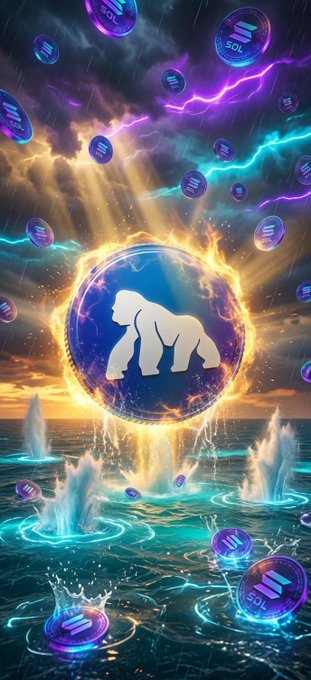 The image features a large blue circle with a white gorilla inside, surrounded by water droplets that are floating around it. The background of the image shows a sky filled with purple and blue clouds, creating an atmosphere reminiscent of a stormy night or a tropical island. The caption on the image reads "GM! Accumulate $sol and $ape". This phrase is likely a reference to the popular video game "Minecraft", where players can collect resources like coins by mining them from virtual mountains in the game's world.