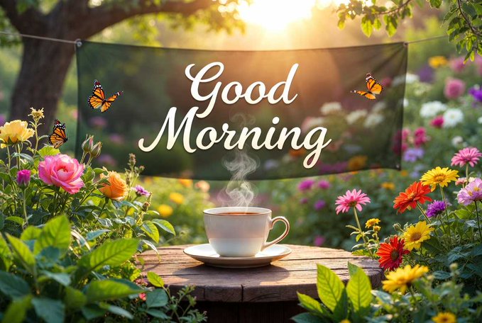 The image features a white cup of coffee sitting on top of a wooden table surrounded by flowers, with a banner above it that reads "Good Morning" and the phrase "Gm have a nice day @BinanceWallet". The background includes trees and bushes, creating an outdoor setting for enjoying the warm sunlight.