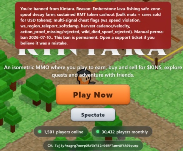 A screenshot of the Kintara isometric MMO game interface showing a ban message overlay with text citing various violations including 'spoof decoy farm' and 'cheat flags', with 'Play Now' and 'Spectate' buttons visible below.