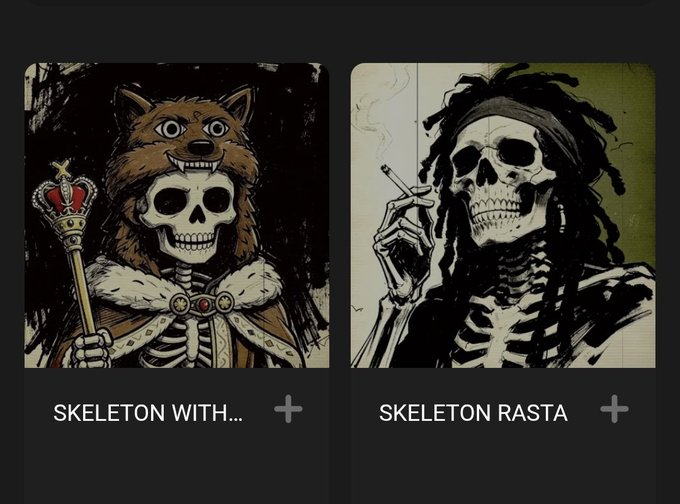 Two NFT artwork cards displayed side by side: 'SKELETON WITH...' showing a crowned skeleton with a wolf headdress holding a scepter, and 'SKELETON RASTA' showing a skeleton with dreadlocks smoking a cigarette.