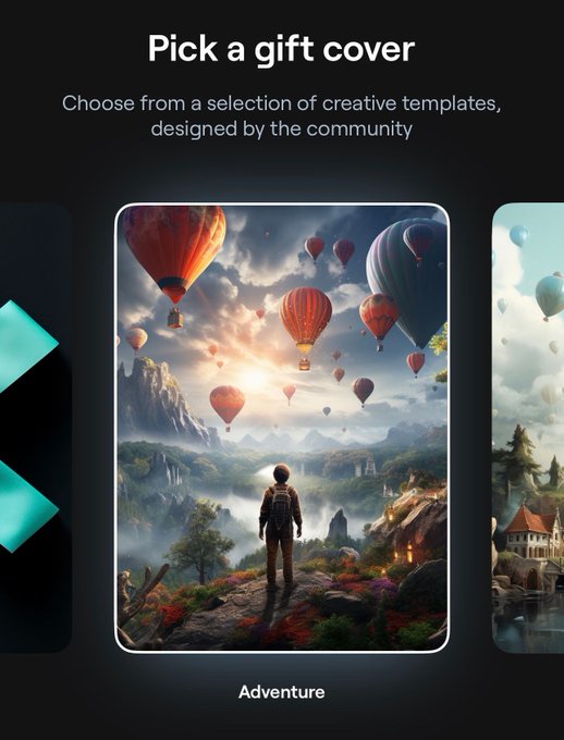 The image displays a mobile app screen titled "Pick a gift cover" with the text "Choose from a selection of creative templates, designed by the community," featuring an "Adventure" themed illustration of a person overlooking a landscape with hot air balloons. The screen ties to the post by showing how users can select themed gift cover templates before sending a MultiversX (EGLD) gift link to loved ones, adding a personalized touch to the modern digital gifting experience described.