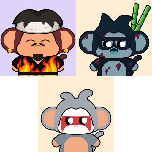 Three cartoon-style character illustrations of cute animal figures: a monkey with a headband and flames, a dark blue panda-like creature with bamboo, and a gray mouse/rabbit character with a red mask.