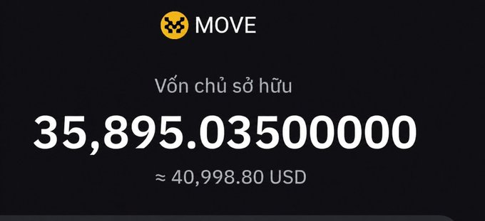 A dark screen displaying the MOVE token logo with a total supply of 35,895.03500000 tokens, valued at approximately 40,998.80 USD.