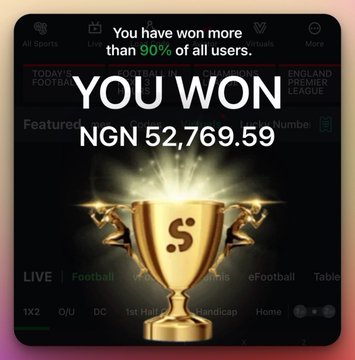 A golden trophy sits against a sports betting app interface with the announcement "YOU WON" and a payout of NGN 52,769.59, highlighting that the user has outperformed 90% of all users on the platform. The image visually celebrates the multiple prediction market wins mentioned in the post across Stake, Polymarket, and SportyBet.