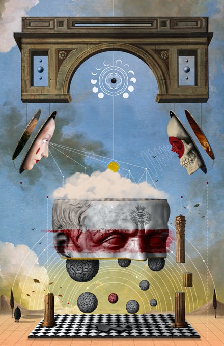 A surrealist digital collage featuring classical architectural elements, floating profile faces, a fractured bust revealing an eye, and symbolic patterns set against a cloudy sky.