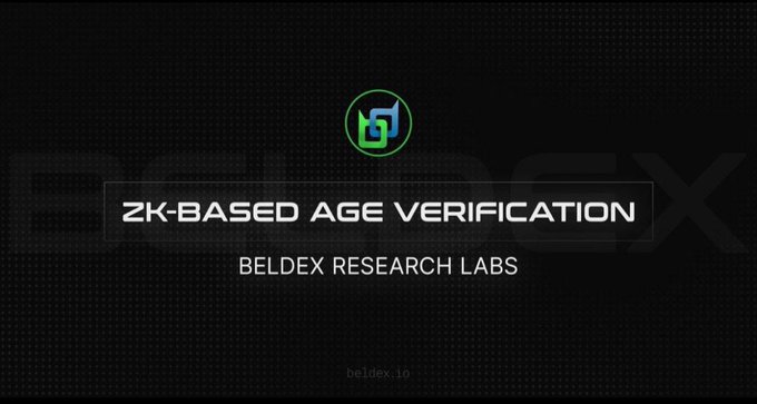 A title slide with a green logo on a dark patterned background, reading "ZK-BASED AGE VERIFICATION" and "BELDEX RESEARCH LABS".