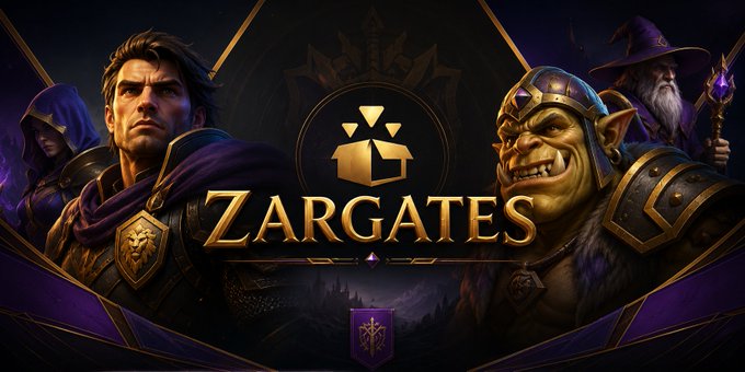 The image features two characters from a video game, one wearing armor and the other holding a sword. They are standing against a purple background with gold accents. The text "ZARGATES" is displayed above them, indicating that they are part of a gaming community or project. The phrase "What excites me isn't the NFT itself," suggests that the excitement comes from being involved in the game's narrative and participating in its story rather than focusing on the digital assets themselves.