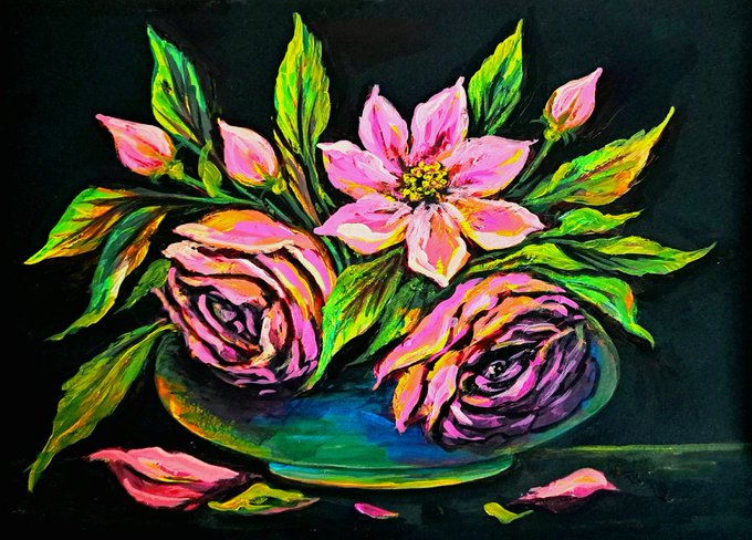 The image features a painting with a vase filled with flowers, including pink roses and other flowers. The colors used are predominantly pink and green, creating a vibrant and lively scene. The artist has also added leaves around the vase, enhancing the overall composition of the artwork. The painting is displayed on a black background, which contrasts nicely with the colorful elements in the foreground. The post that this image belongs to reads: "Hi my fam My new Drop on @xrpcafe !!!The Last Light of Spring" Paintig 8 xrp xrp.cafe/nft/00087530A2".