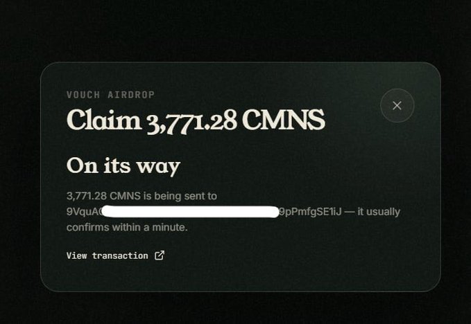 A dark interface showing a voucher airdrop claiming '3,771.28 CMNS' with the status 'On its way' to a partially hidden wallet address.