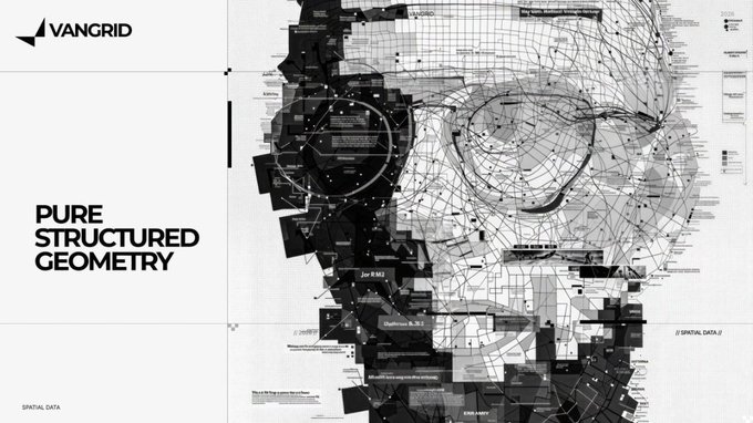 A VanGrid design presentation titled "PURE STRUCTURED GEOMETRY" displays a complex black and white wireframe portrait composed of geometric panels and data points, blending spatial and artificial data visualization.