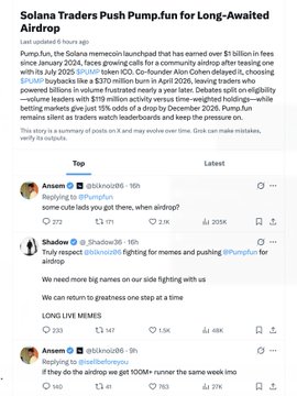 A Bloomberg news article titled "Solana Traders Push Pump.fun for Long-Awaited Airdrop" is shown alongside X posts from crypto influencer @blknoiz06, with captions like "applying for @theblokkjob" and "Truly respect @blknoiz06 fighting for memes and pushing @PumpFun for airdrop," showing community pressure for a $PUMP token airdrop.