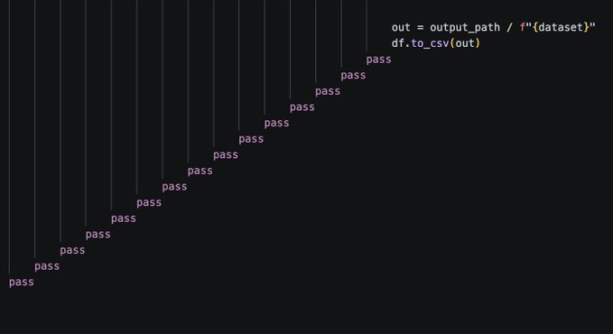 Dark code editor screenshot showing a series of 'pass' statements and a function call 'df.to_csv(out)' to save a dataset.
