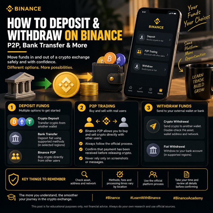 An educational infographic titled 'HOW TO DEPOSIT & WITHDRAW ON BINANCE' explaining crypto deposits, P2P trading, and withdrawals with phone app visuals.