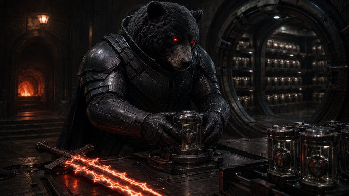 A dark, atmospheric scene features a black bear with glowing red eyes wearing heavy black armor, standing over a glowing red sword and a glass cylinder.