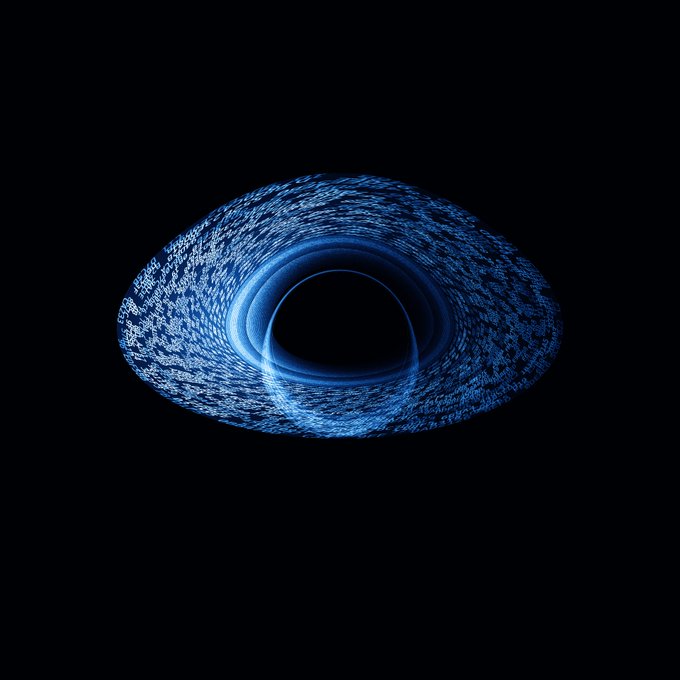 A glowing blue swirling ring or portal-like shape against a black background, resembling a stylized eye or wormhole made of light particles.