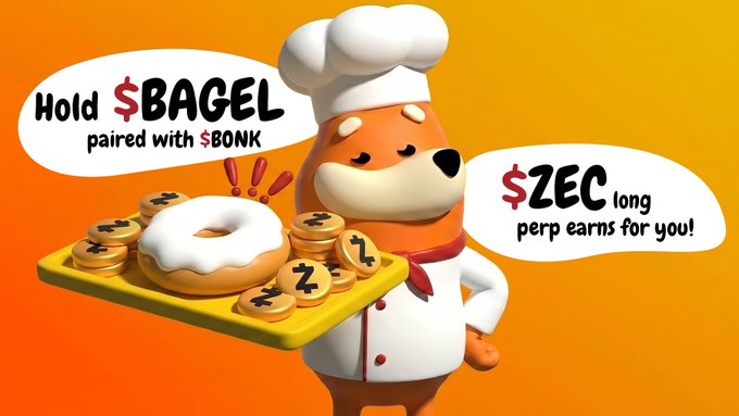 A cartoon Shiba Inu dog dressed as a chef holds a tray with a bagel and Zcash ($ZEC) tokens, with text bubbles reading 'Hold $BAGEL paired with $BONK' and '$ZEC long perp earns for you!'.