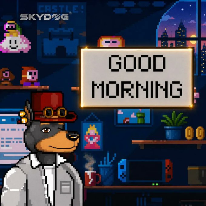 A pixel art illustration shows a dog character wearing a steampunk hat with goggles and a white coat, with a 'GOOD MORNING' speech bubble in a room decorated with gaming and pop culture memorabilia, and 'CASTLE SKYDOG' text in the corner.