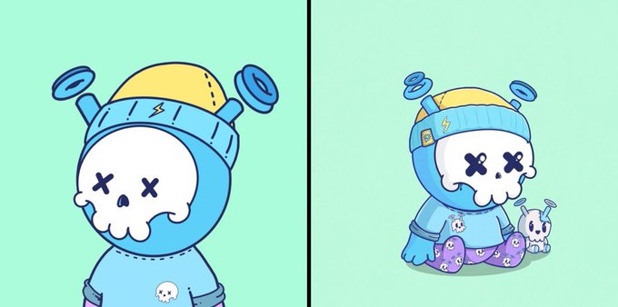 Two cartoon illustrations of a skeleton-like figure wearing a blue and yellow helmet with antennae, X-shaped eyes, and a blue hoodie; the right version shows the character sitting with a small bunny plush toy and patterned socks.