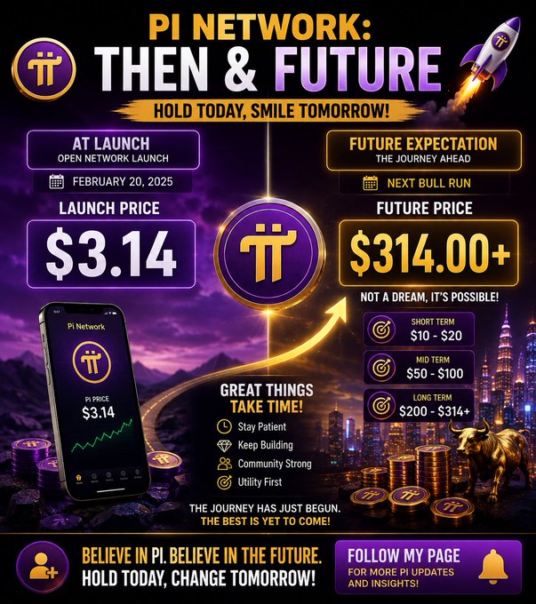 A promotional graphic for Pi Network cryptocurrency showing a launch price of $3.14 on February 20, 2025, and a future expected price of $314.00+, with the tagline 'HOLD TODAY, SMILE TOMORROW!'.