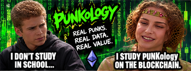 A meme graphic titled 'PUNKOLOGY' with the text 'REAL PUNKS. REAL DATA. REAL VALUE.', comparing a 'PUNK' who doesn't study in school to an 'ONCHAIN PUNK' studying PUNKology on the blockchain.