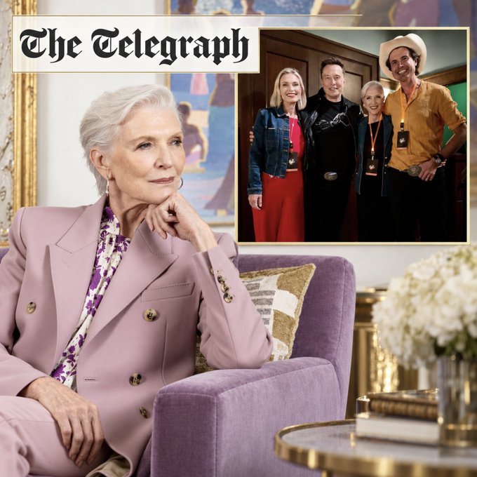The image features a Telegraph article header showing Maye Musk in a lavender suit seated thoughtfully on a purple chair, alongside an inset photo of her posing with Elon Musk and two other individuals at what appears to be a public event. The caption connects to the accompanying post about Maye Musk discussing Elon Musk's intelligence and childhood genius.