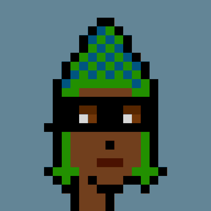 Pixel art character with a pointed green and blue checkered hat, dark skin, and green arms against a blue background.