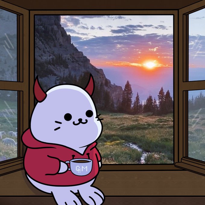 A cute cartoon cat wearing a red hoodie sits on a windowsill holding a mug labeled "G.M.", enjoying a stunning sunset view over a mountain meadow with a stream winding through the wildflowers, capturing the cozy "GM LEGENDS" vibe of a peaceful morning greeting from a scenic retreat.