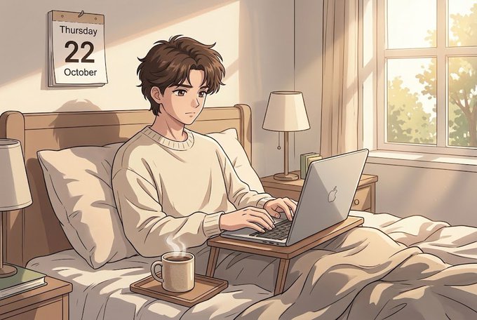 An illustration shows a young man using a laptop in bed with a mug beside him; a wall calendar reads “Thursday 22 October,” and sunlight enters through a window.