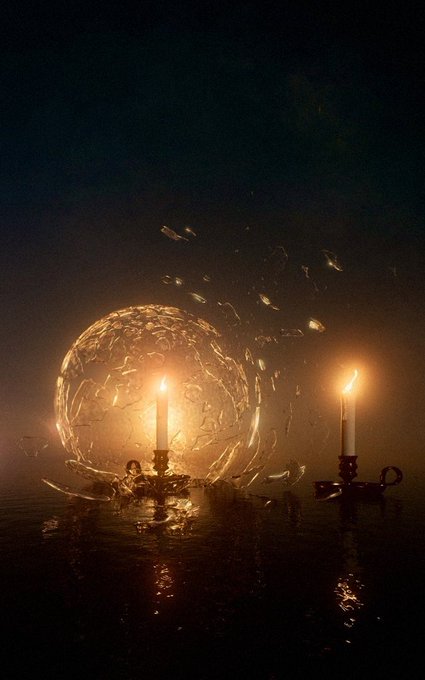 A dark, moody still-life photograph featuring a lit candle inside a cracked glass orb alongside a second lit taper candle, both reflected on a wet surface.